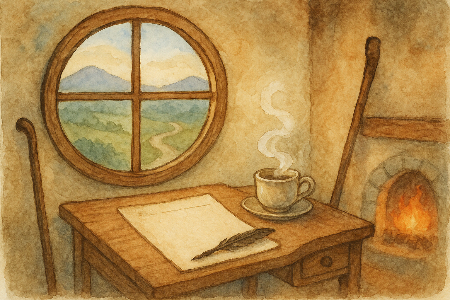 A storybook illustration of a hobbit writing desk by a round window, tea steaming, and a hint of the road beyond
