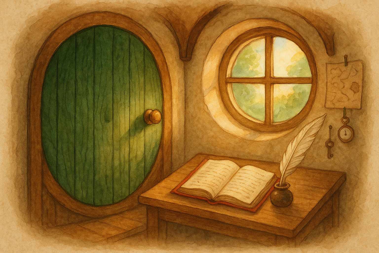 A storybook illustration of a cozy hobbit writing desk and red book in a warm hobbit-hole