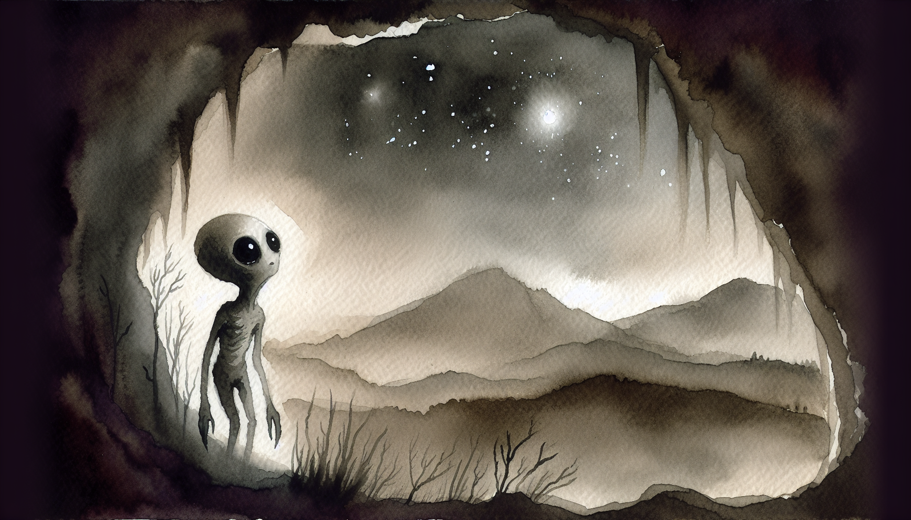 A pale emaciated creature gazing up at cold distant stars from a dark cave mouth
