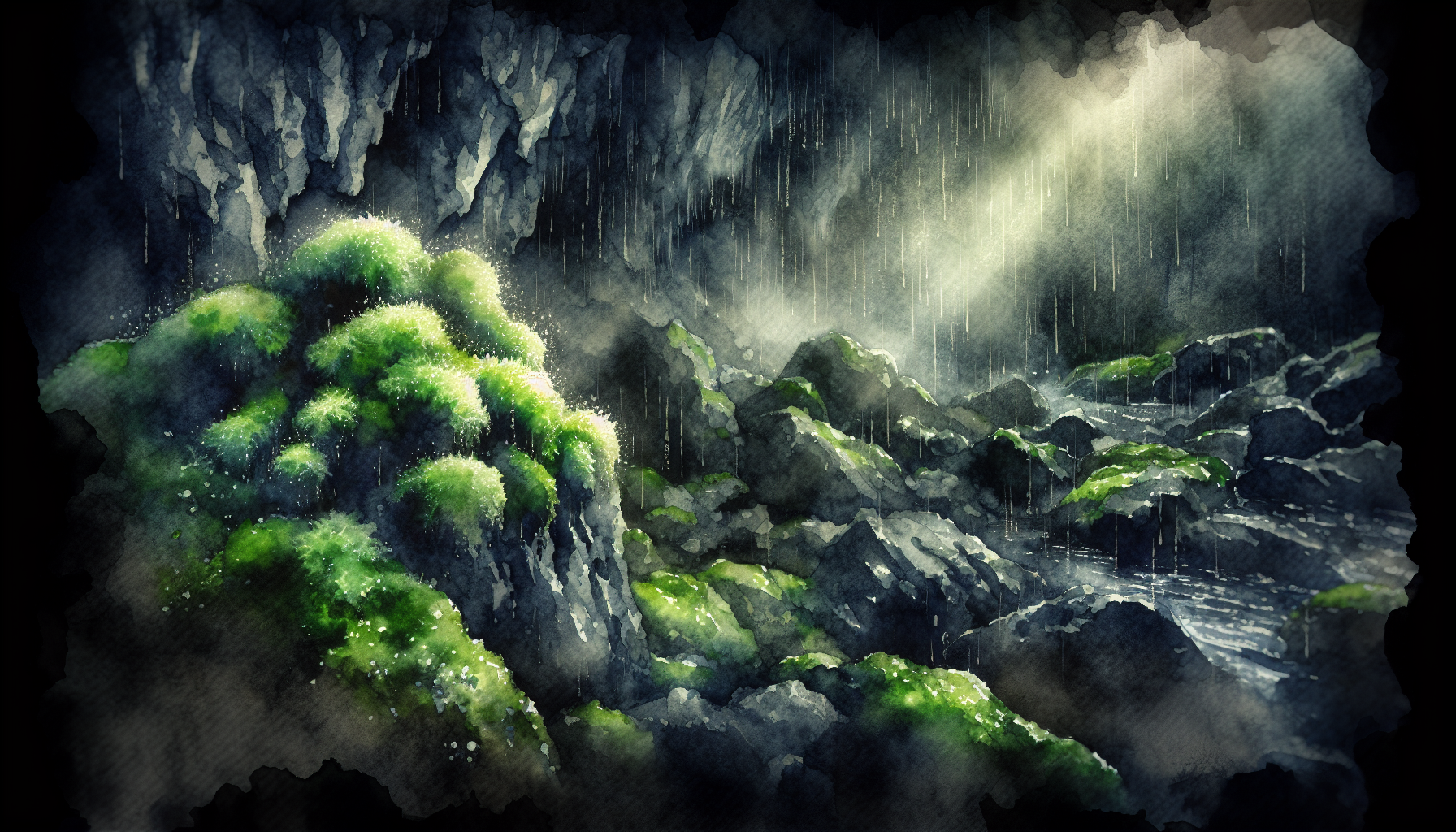 Pale green luminous moss creeping across dark wet cave stones