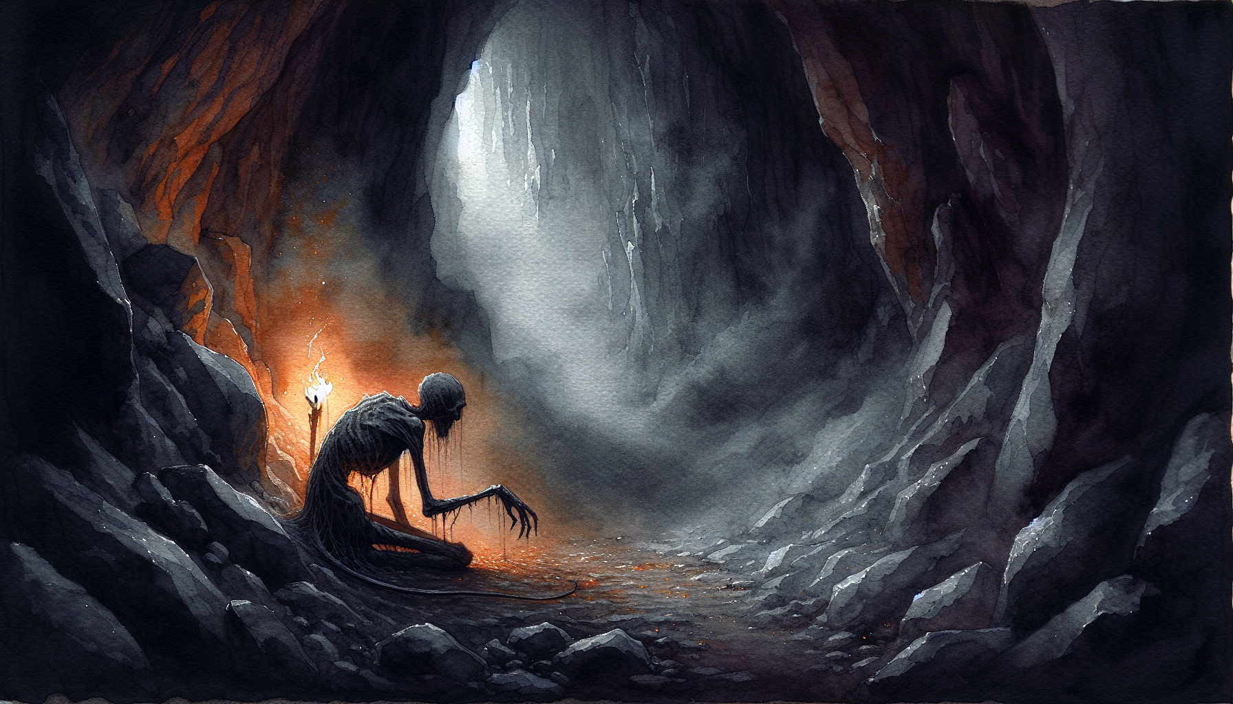 Grey ashes scattering in dim torchlight within a dark cave