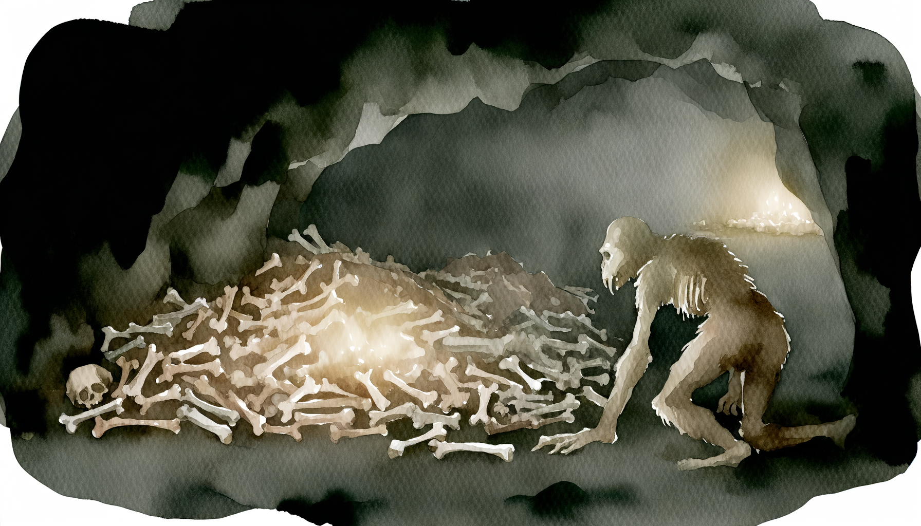 Ancient bones in a deep cave, dark and mysterious