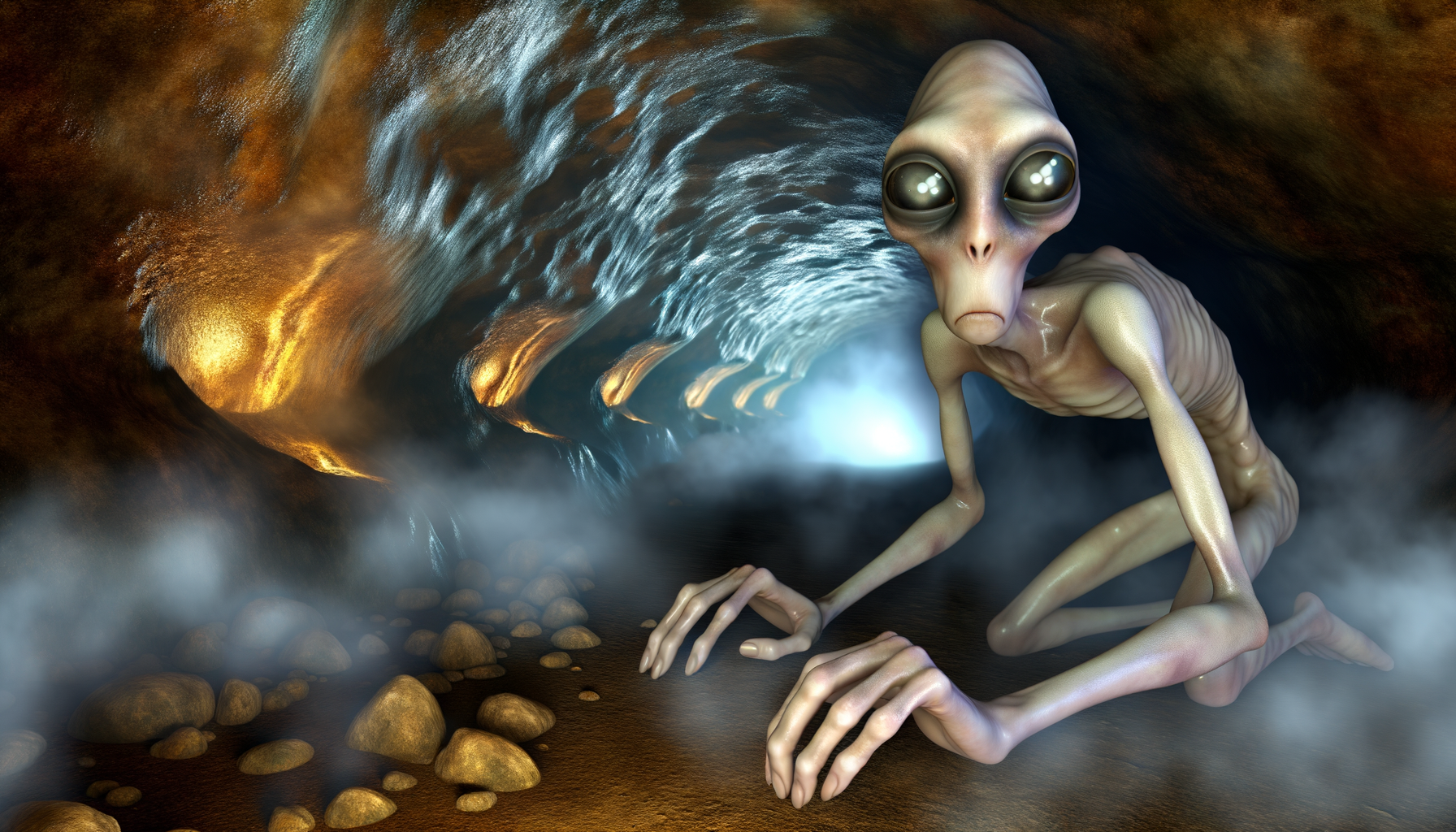Pale creature crouched in misty cavern reaching toward distant golden light