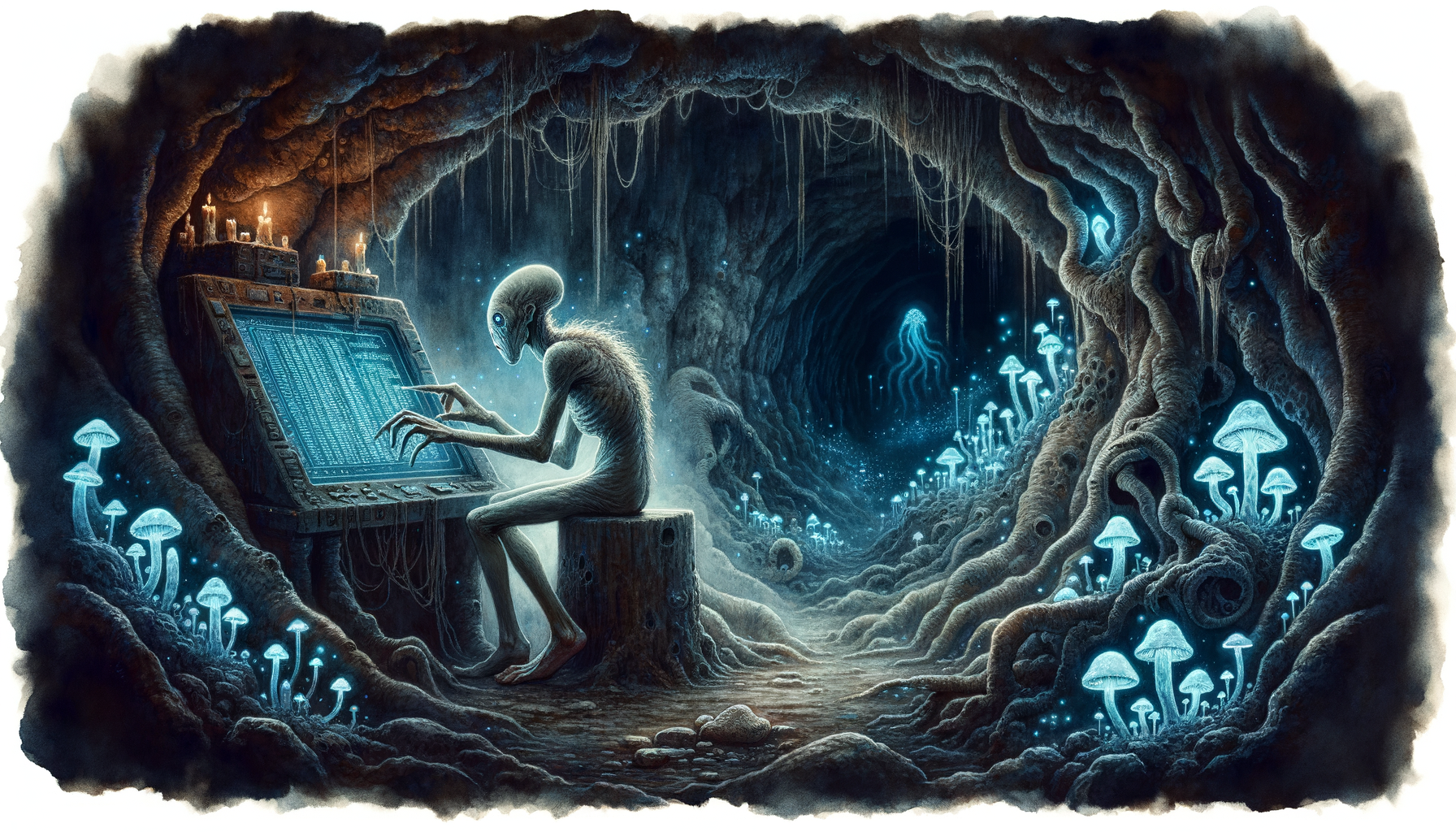 Pale creature hunched over glowing blue screens in a dripping dark cave