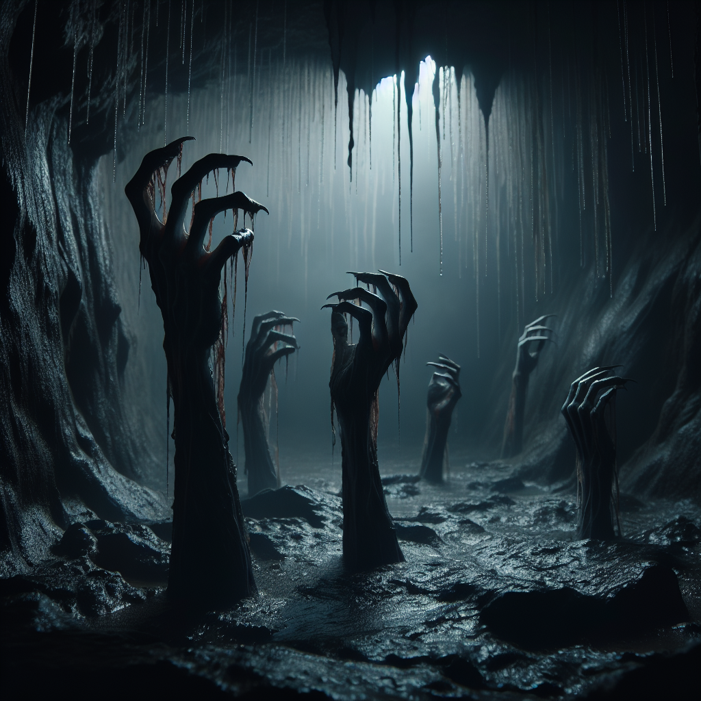 Pale bony hands reaching out from dark shadows in a dripping cave