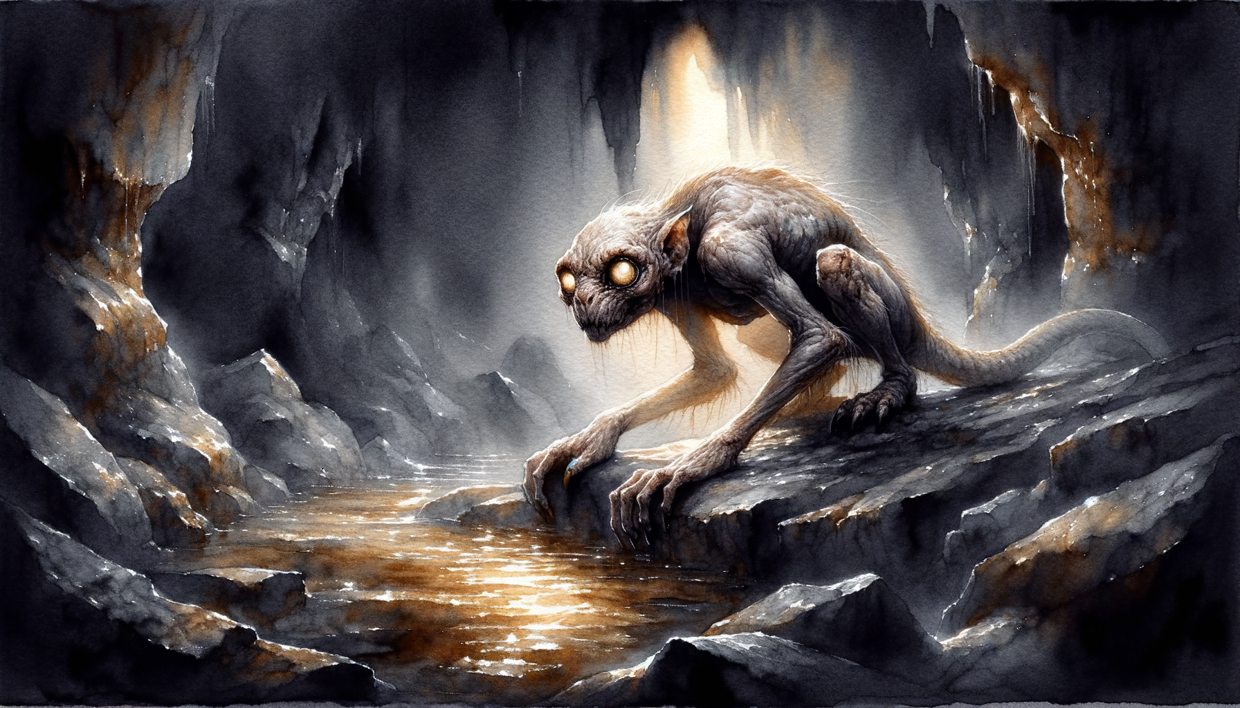 Pale emaciated creature crouching in misty underground cavern