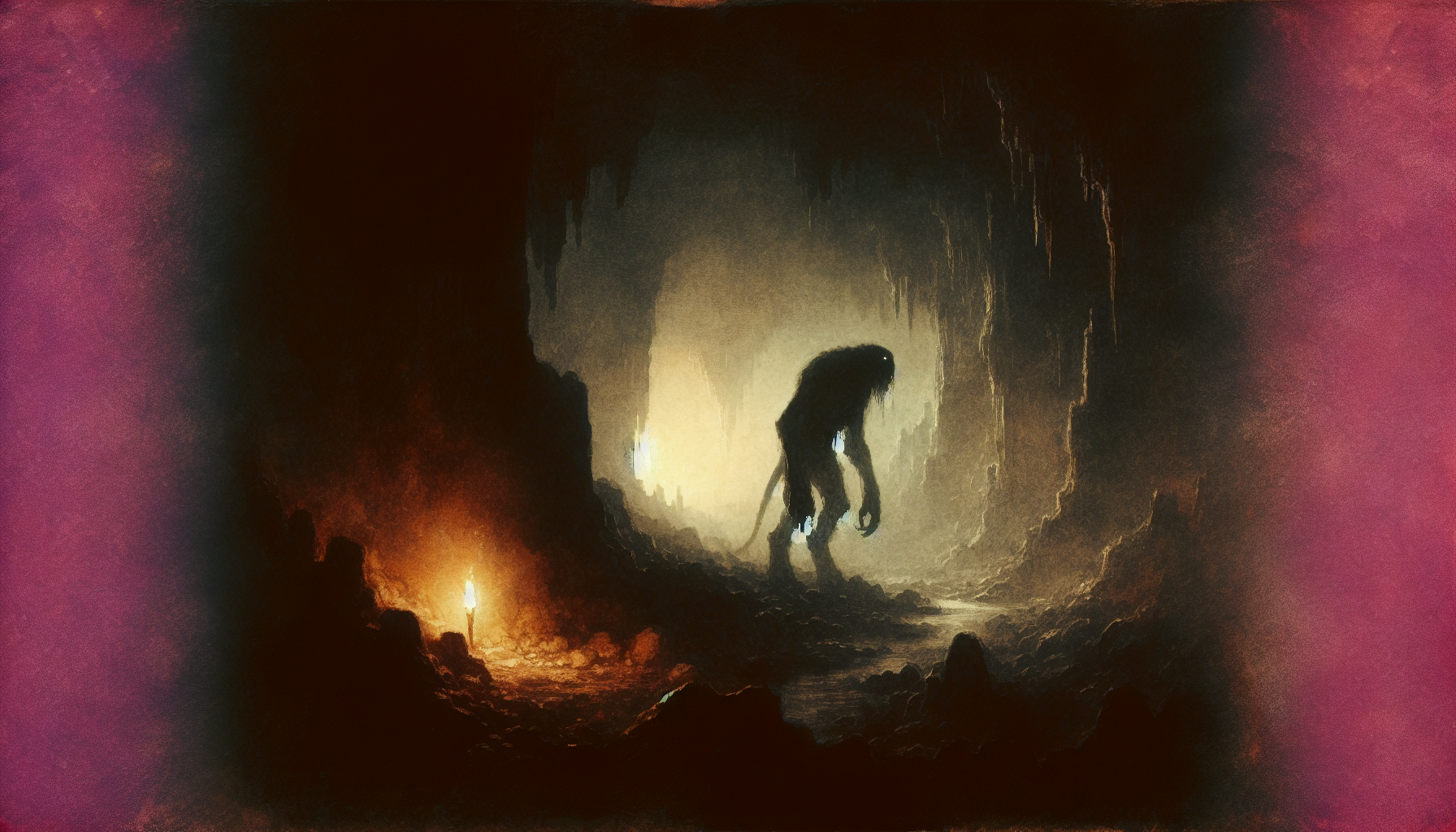 A pale creature silhouetted against torchlight in cave depths
