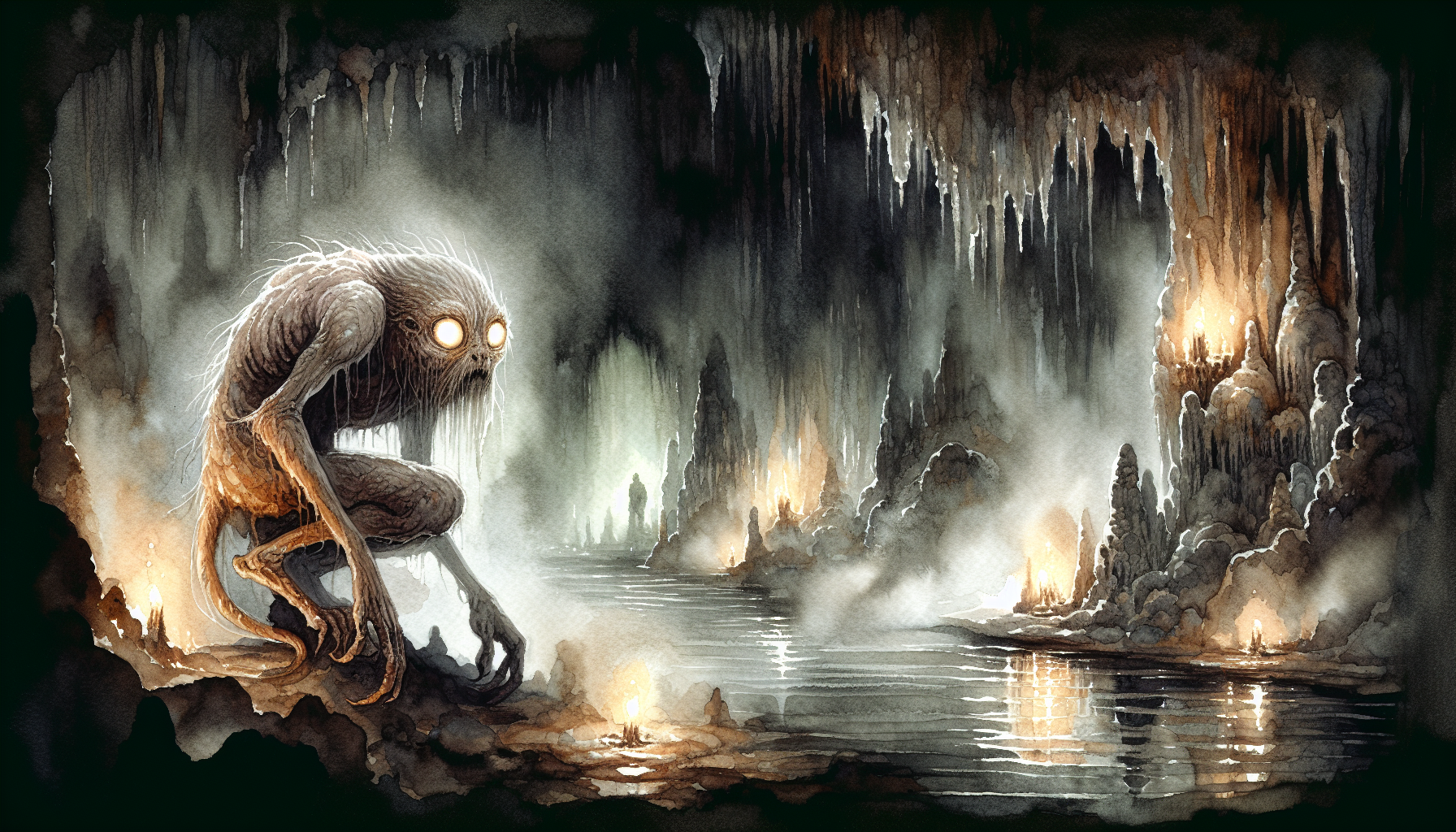 Pale emaciated creature with large luminous eyes crouched in misty underground cavern with stalactites and still water reflecting torchlight