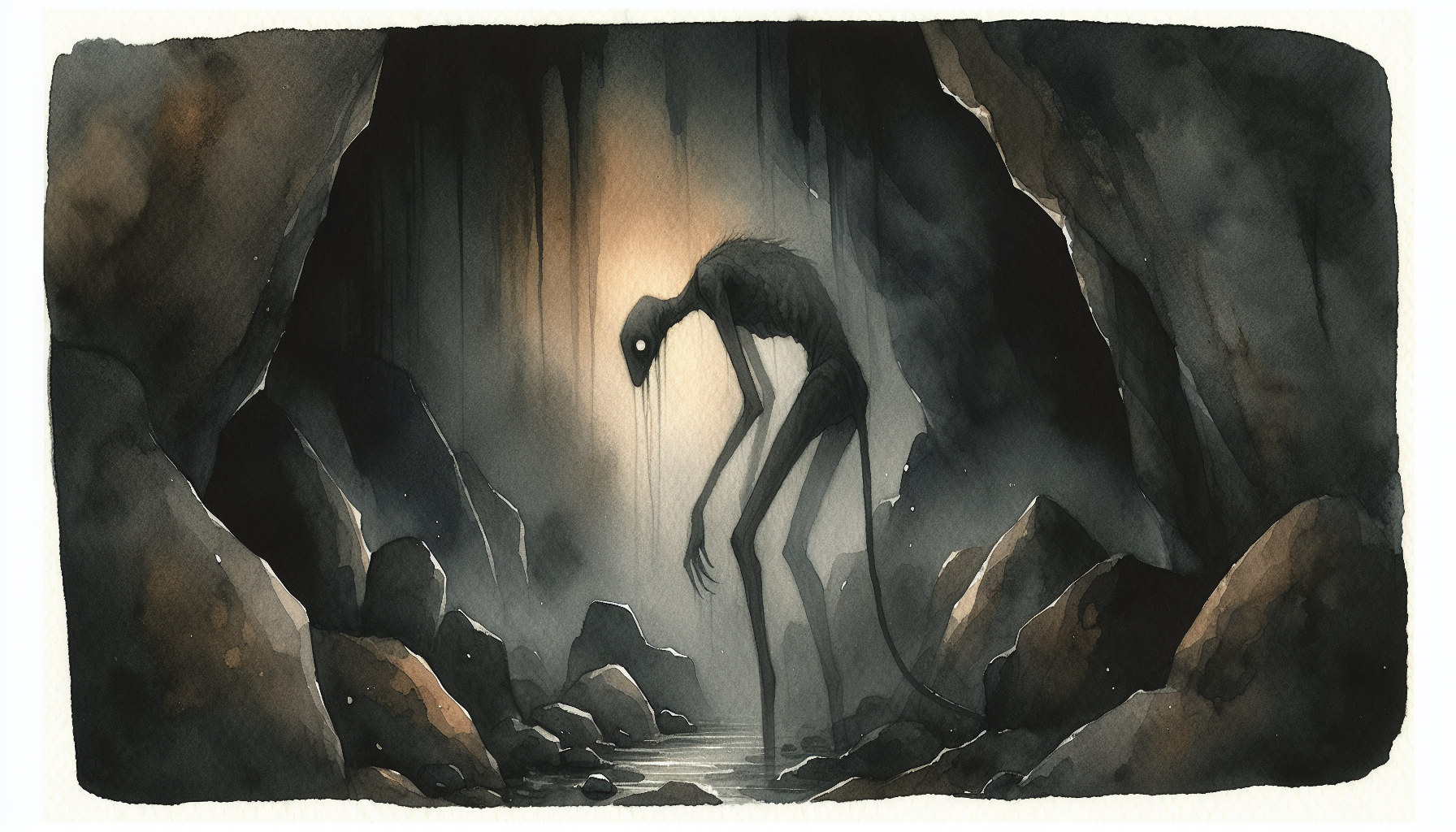 A pale emaciated creature hunched in dark cave shadows
