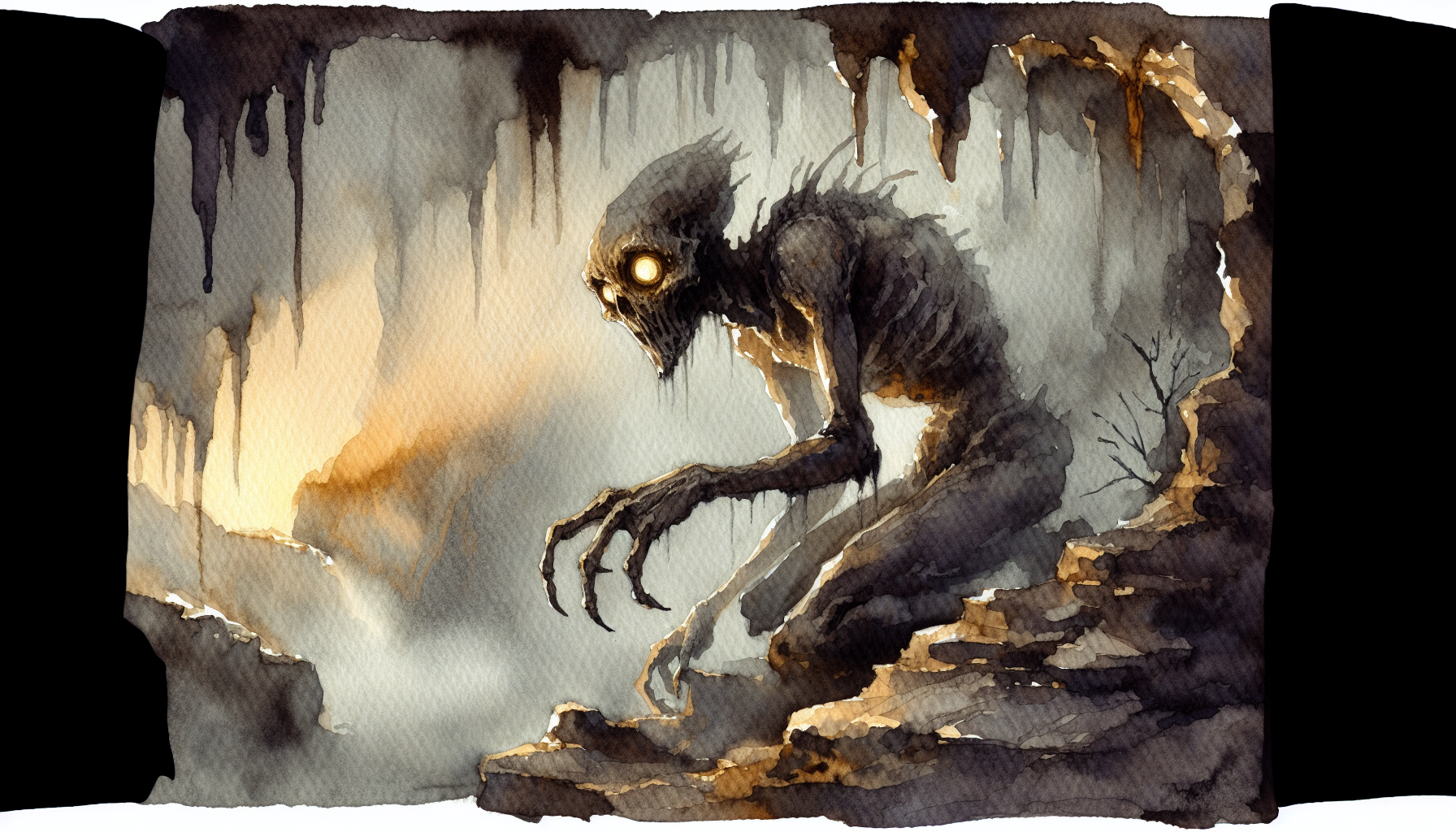 Pale creature crouched in misty cavern reaching toward distant golden light