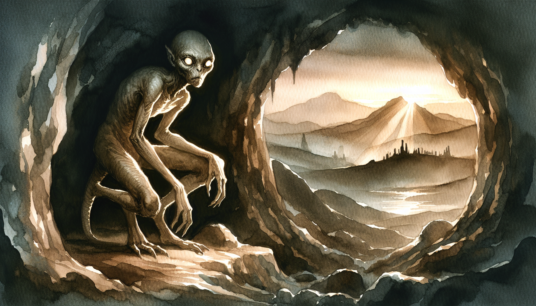 Pale emaciated figure crouching at cave entrance as long shadows stretch across rocky terrain at dusk