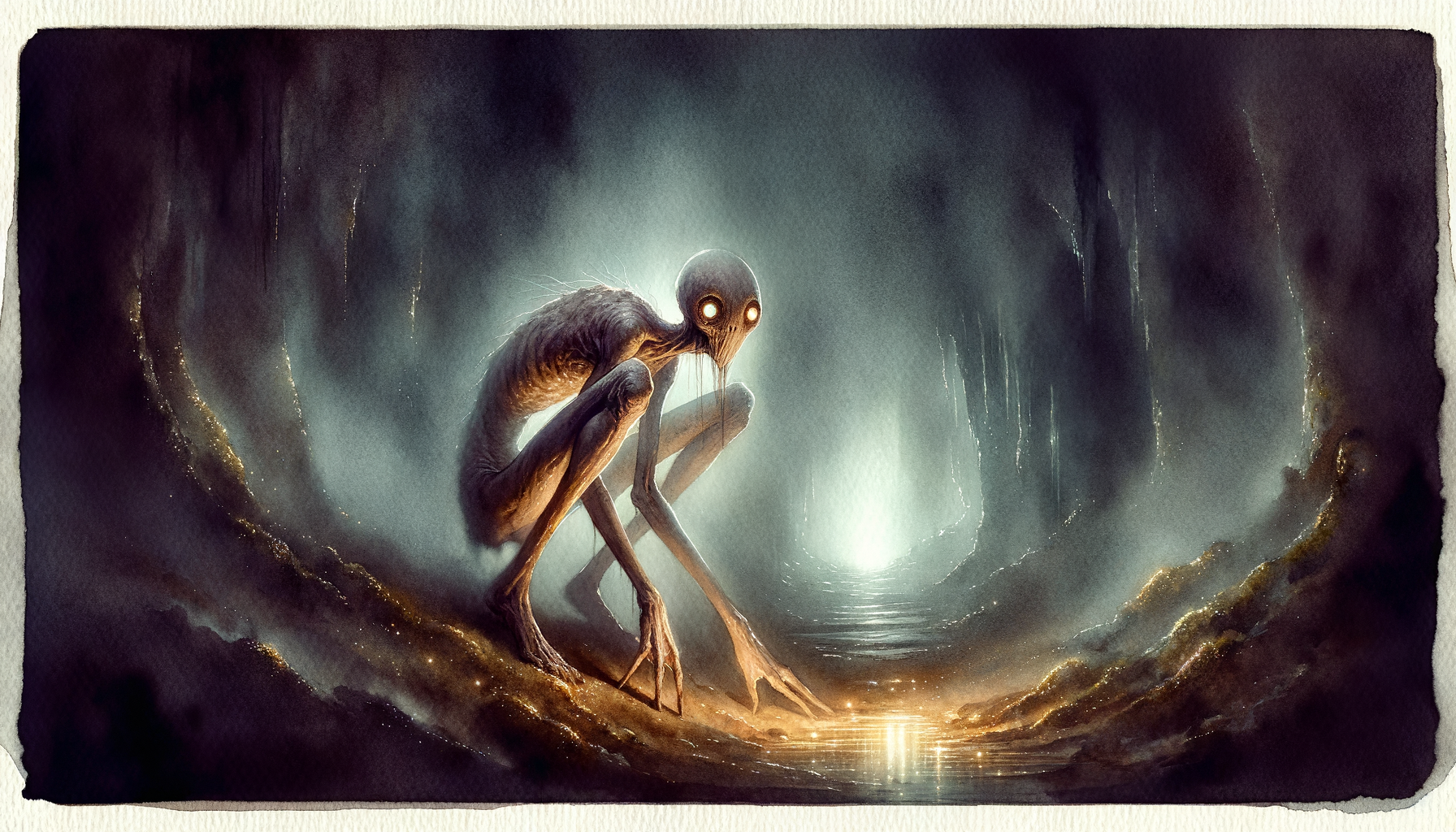 Pale creature crouching in vast misty underground cavern surrounded by silence