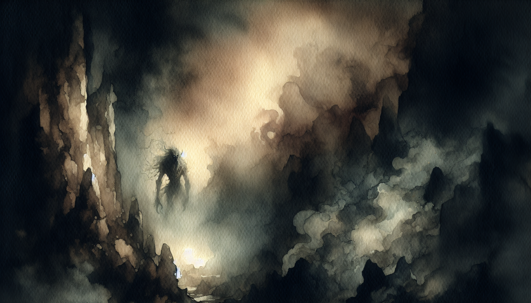 Misty cave interior with shadowy rock formations and faint golden light