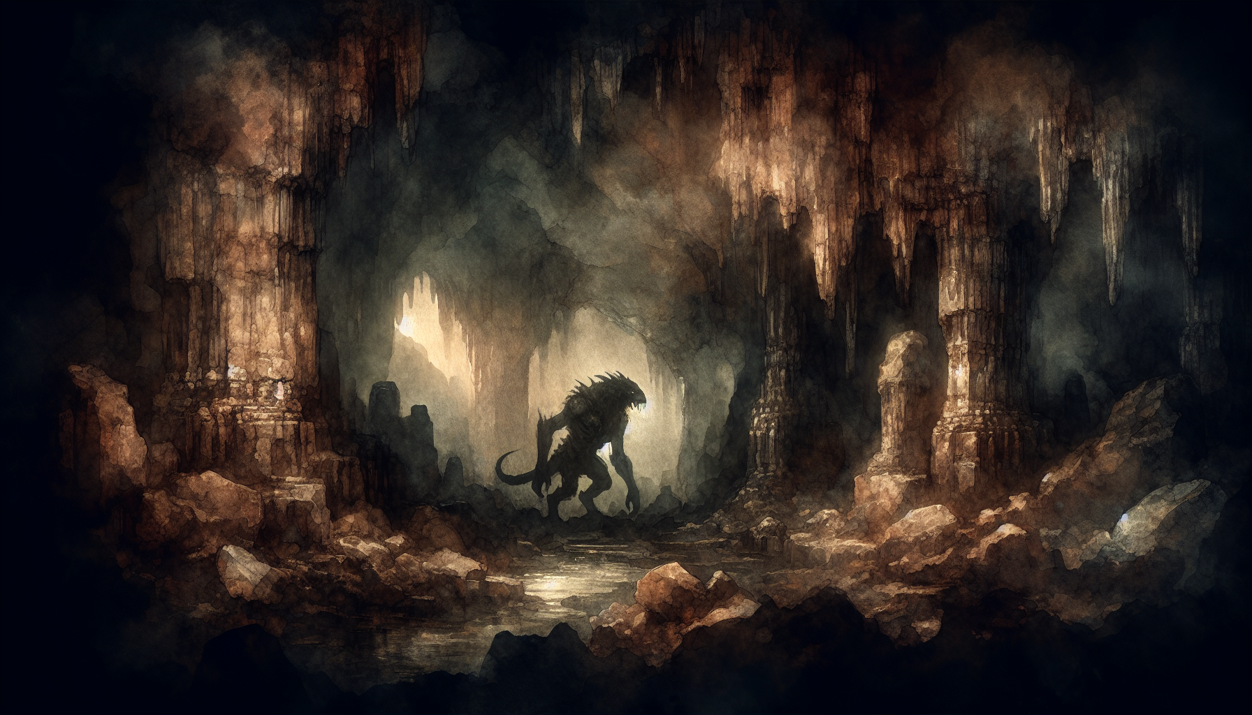 Ancient weathered cave stones and misty cavern depths