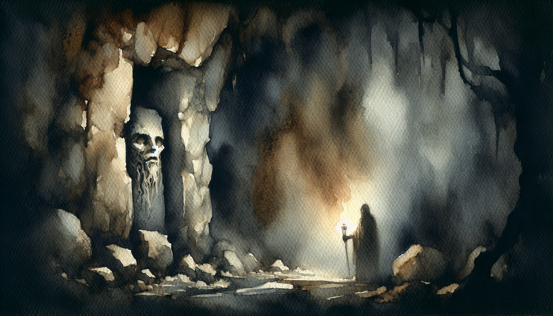 Dim cave interior with half-formed stone carving emerging from rock face