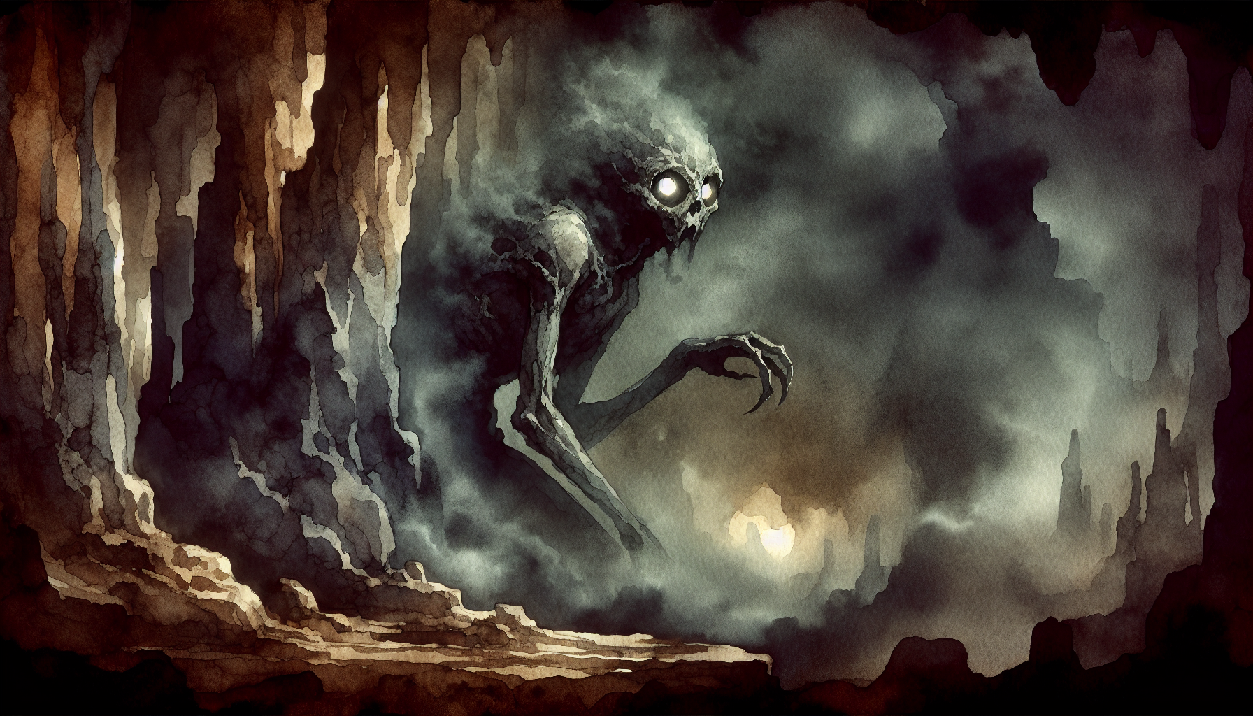 Pale creature reaching into misty darkness within ancient cavern