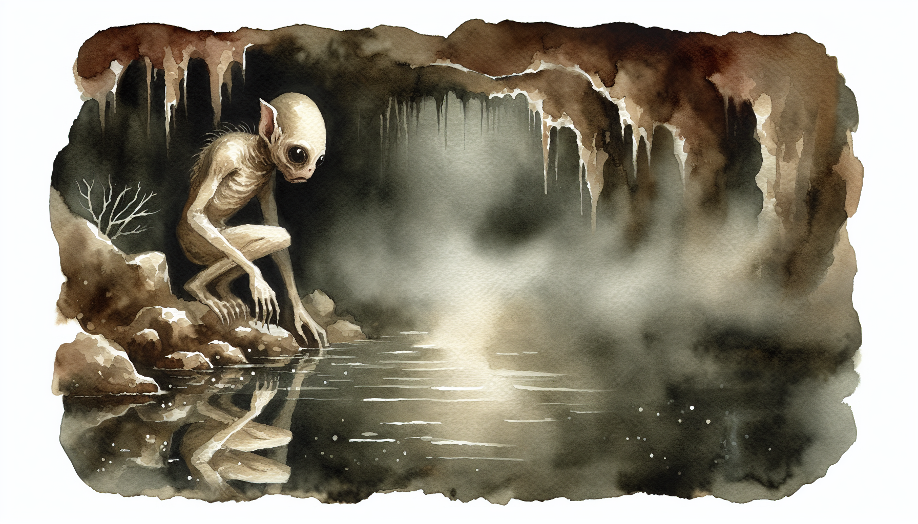 A pale creature reflects in dark water